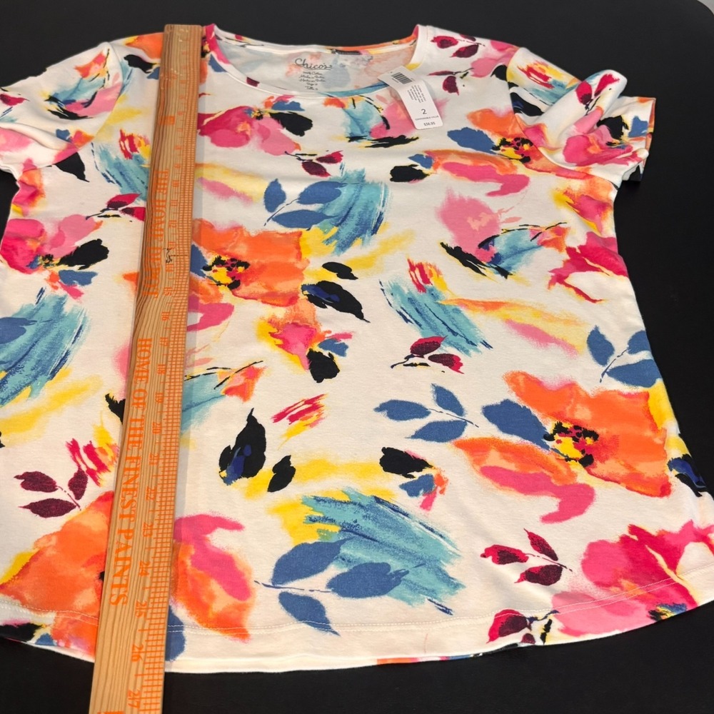 NEW Chico's Womens 100% Cotton Colorful Floral Stretch Tee size 2/Large NWT - Picture 8 of 9